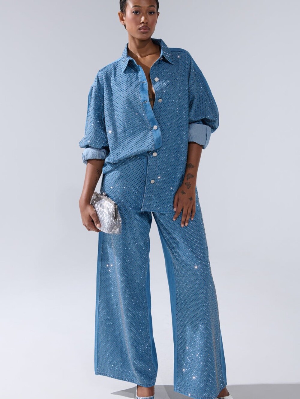 AKIRA Light Blue Rhinestone Button-Down Shirt And Jeans
